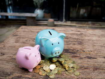 Close-up of coins on table