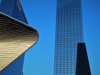Low angle view of modern building against blue sky