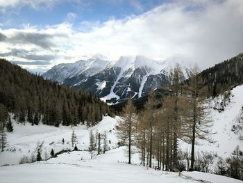 Scenic view of snow covered mountains against sky