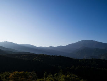 Scenic view of mountains against clear blue sky