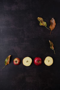 Directly above shot of fruits and leaves on table
