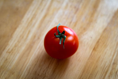 High angle view of cherry tomatoes on table