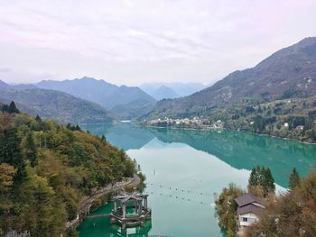 High angle view of river with mountain range in background