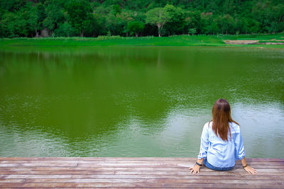 Rear view of woman sitting by lake against trees