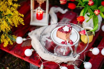 High angle view of dessert on table