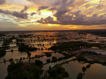 Aerial view of ponds against sky during sunset