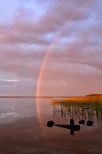 Scenic view of rainbow over lake against sky
