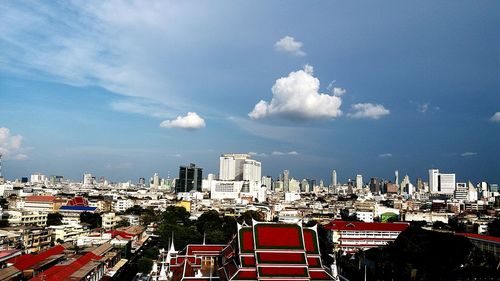 Panoramic view of buildings in city against sky