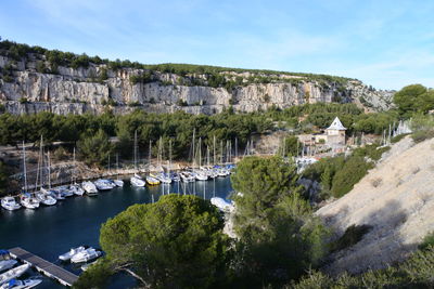 Scenic view of boats in marina