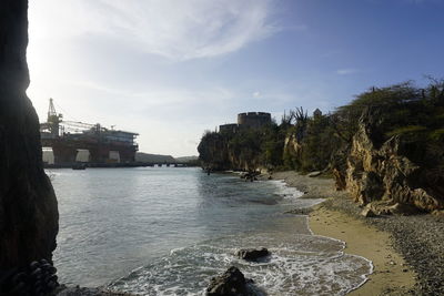 Scenic view of bay against sky