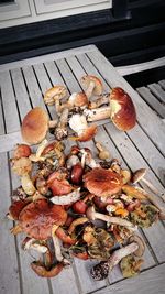 High angle view of mushrooms on barbecue grill
