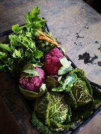 High angle view of vegetables on table