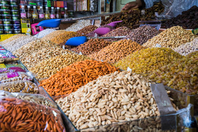 Panoramic shot of dried for sale at market stall