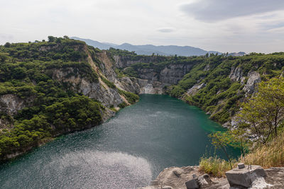 Scenic view of waterfall against sky