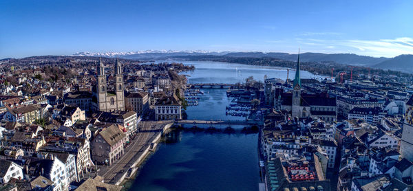 High angle view of city buildings at waterfront