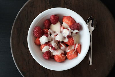 High angle view of breakfast in bowl on table