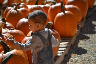 Full length of boy standing on pumpkins