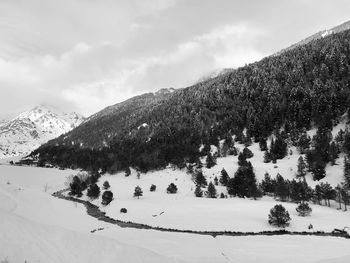 Scenic view of snow covered mountains against sky