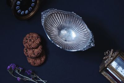 High angle view of seashells on table