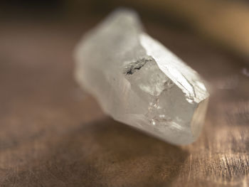 Close-up of white rock on wooden surface