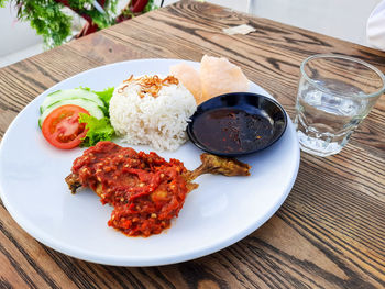 High angle view of meal served on table