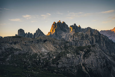 Panoramic view of rocky mountains against sky during sunset