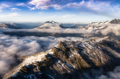 Aerial view of snowcapped mountains against sky