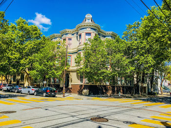 Street by trees and buildings against sky