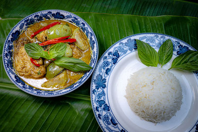 High angle view of meal served on table