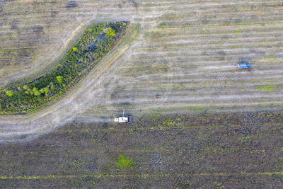 High angle view of tire tracks on field