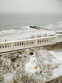 High angle view of cat by sea against sky