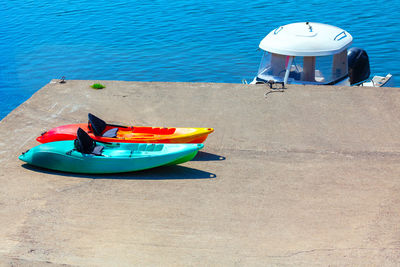 Colorful kayaks on the coast . great place for kayaking