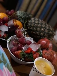 High angle view of fruits in bowl on table