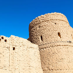 Low angle view of old building against clear blue sky