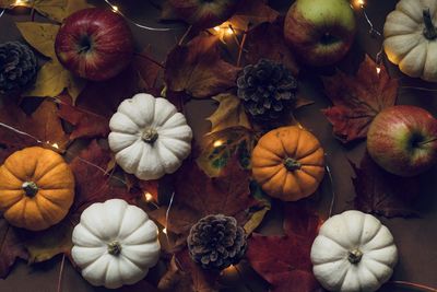 High angle view of pumpkins on table