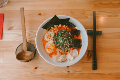 High angle view of food in bowl on table