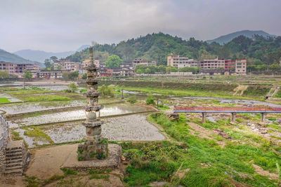 High angle view of townscape against sky