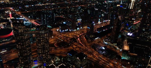 High angle view of city buildings at night