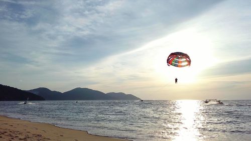 People parasailing over sea against sky during sunset