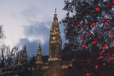 Vienna town hall and park decorated for christmas, tree hearts