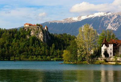 Scenic view of lake by trees against sky