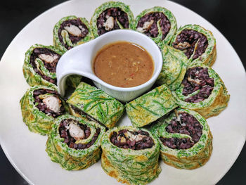High angle view of serving food in plate