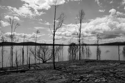 Scenic view of lake against cloudy sky