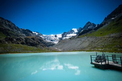 Scenic view of lake and snowcapped mountains against clear blue sky