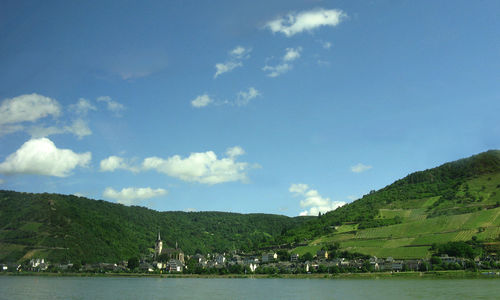 Scenic view of sea and mountains against sky