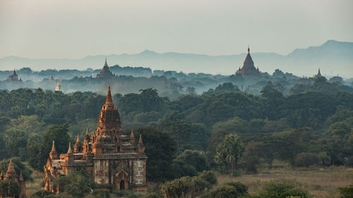 Sunrise over pagodas in bagan, myanmar.