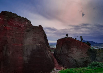 Rock formations against sky during sunset