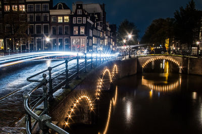 Illuminated bridge over river in city at night