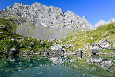 Scenic view of mountains against clear blue sky