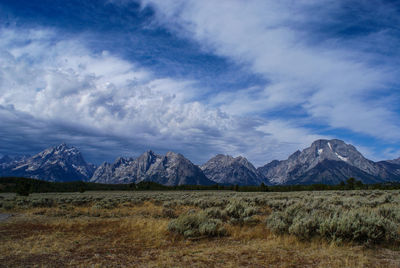 Scenic view of landscape and mountains against sky